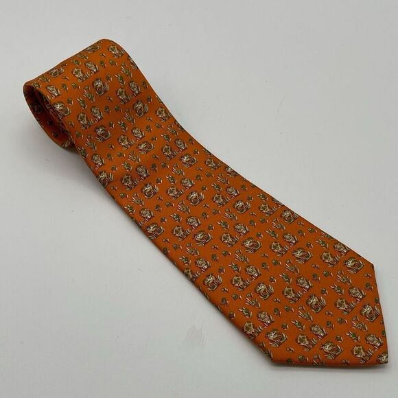 SALVATORE FERRAGAMO Tie Men's Orange ORN Cow All Over Pattern Made in Italy - Picture 1 of 9
